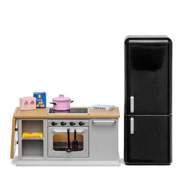 LUNDBY - Puppenhausmöbel Kochinsel + Kühlschrank, grau/schwarz, beleuchtet, ohne Batterie