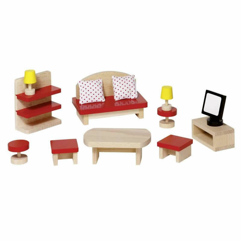 goki 51749 funktionell mit klappbarer Couch Puppenmöbel Wohnzimmer komplett 